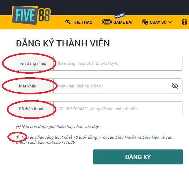 Điều khoản tạo tài khoản thành viên mới tại sân cược Five88